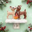 Reindeer Night Light with Flickering Flame – LED Faux Campfire Lamp for Christmas & Halloween Decor, Warm White Twinkling Nightlight for Bedroom, Living Room – Plug in Holiday Home Decoration (1)
