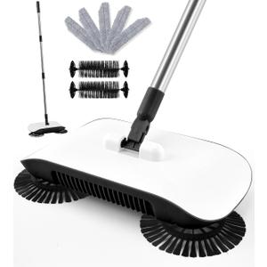 Manual Floor Sweeper Black - 7 Replacement Parts, Dry Wet Pickup for Hardwood Tile Marble, Pet Hair Small Debris Cleaner, No Power Needed, Home Office Use