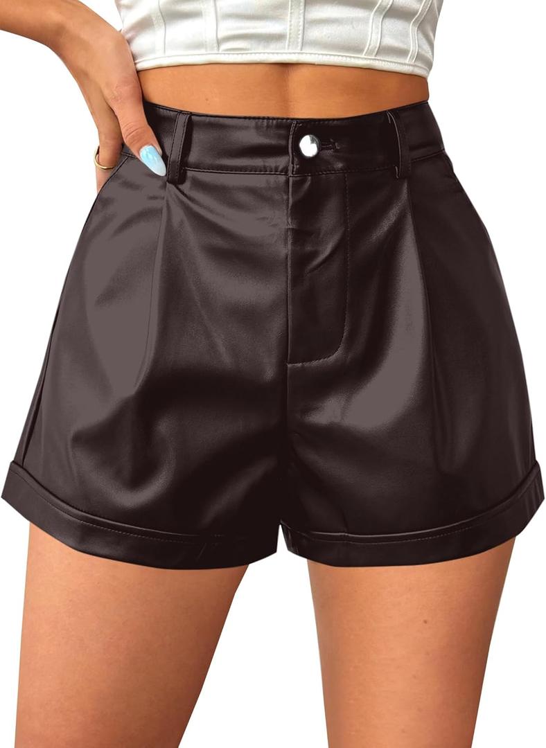 Avanova Women Faux Leather High Waisted Shorts Pleated Casual Summer Shorts (Brown, L)