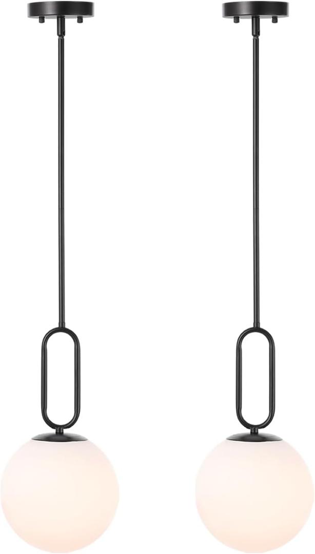 Modern Black Globe Pendant Light Milky White Globe Glass Shade 2 Pack Adjustable Rods Hanging Ceiling Light Fixtures for Kitchen Island Living Room