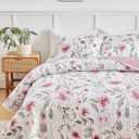 Flysheep Reversible Quilt Set Twin Size, 2 Pieces White Blue Botanical Floral Printed Summer Bedding Set, Soft Microfiber Lightweight Bedspread/Coverlet for All Season - 68"x86"