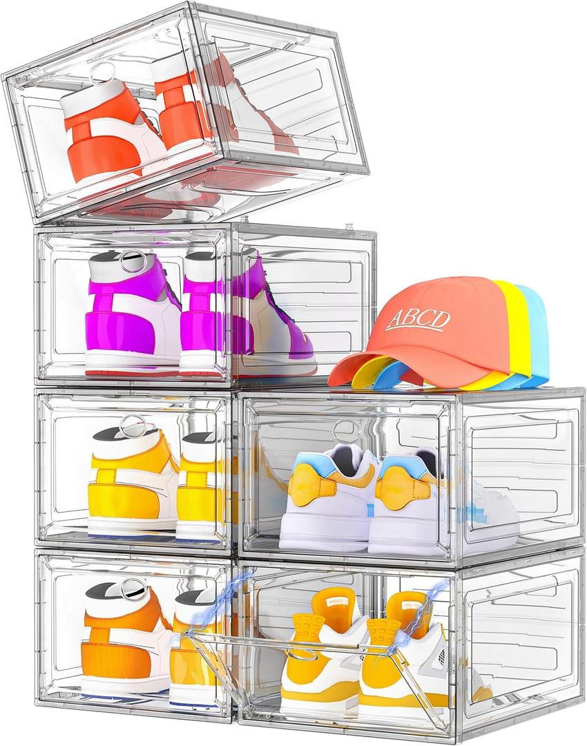 Thickened Clear Shoe Storage Organizer with Magnetic Door, Sturdy Stackable Shoe Boxes for Closet, Collapsible Space-Saving Shoe Rack for Sneakers & Boots, Plastic Shoe Cabinet Box Set, 6 Pack, White