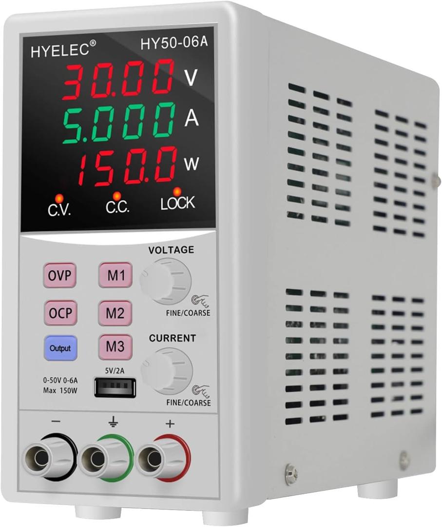 Variable DC Power Supply,0-50V 0-6A max150W Switching Regulated Bench Power Supply with Memory, 4-Digit LED Display, 5V2A USB Interface, Output Switch, Coarse and Fine Adjustments
