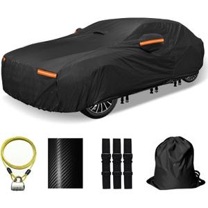 OWEEIO Heavy Duty Car Cover for Automobiles All Weather Waterproof, Outdoor Snowproof UV Protection Windproof, Door Zipper, Soft Cotton Universal Car Covers (Black, Fit Sedans 181"190")