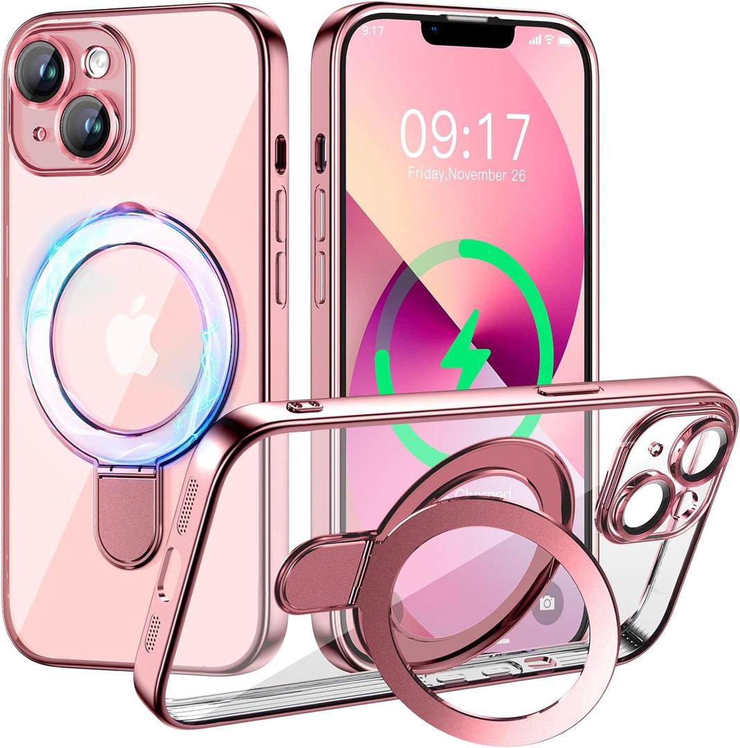 Magnetic for iPhone 13 Case with Invisible Stand[Compatible with MagSafe][Full Camera Lens Protector][Military Drop Protection] Shockproof Not Yellowing Clear Soft Slim for Women Men, Pink