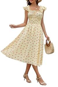 ZTMZA Women's 2025 Summer Flowy Maxi Dresses Casual Ruffle Sleeve Square Neck Smocked Waist Beach Vacation A Line Long Dress Yellow Floral, Large