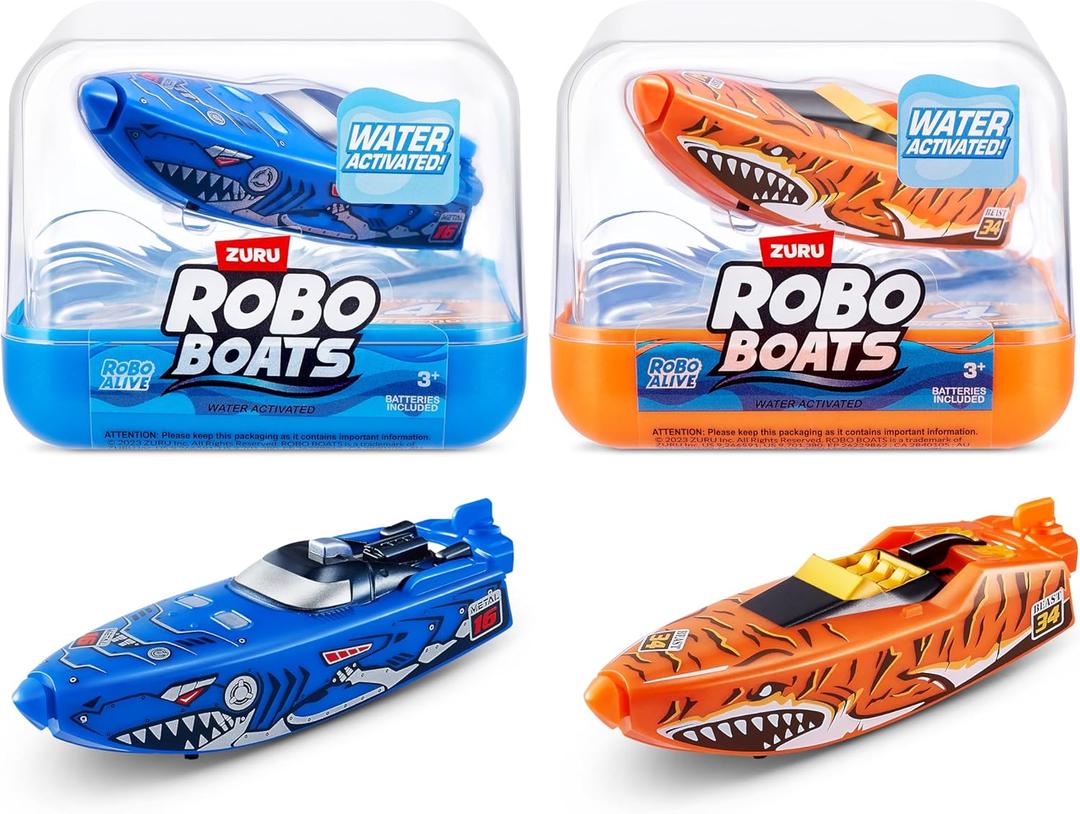 Robo Alive Robo Boats, Tiger Shark & Robo Shark Boat, 2 Pack, by ZURU Water Activated Boat Toy