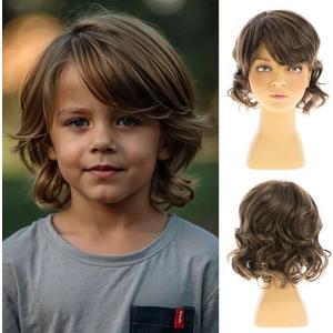 RicHyun Short Wavy Brown Kids Wig Synthetic Fluffy Boys Wig Cosplay Halloween Costume Party Use
