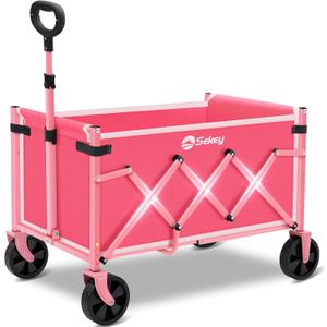 Sekey Wagon Cart with Wheels with 220LBS Capacity,Heavy Duty Wagon Carts Foldable,Lightweight Utility Portable Cart for Grocery, Shopping, Garden, Camping. Pink