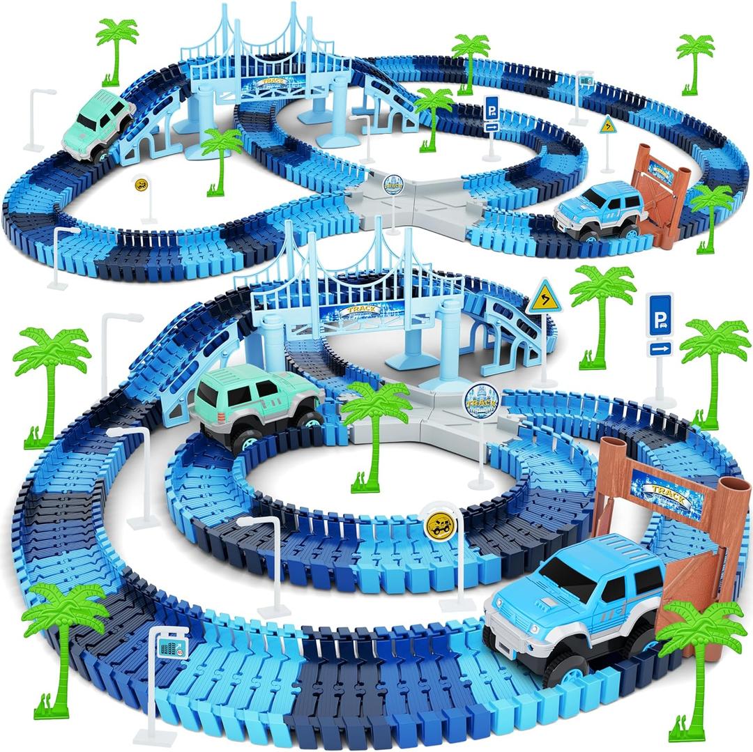 Track Car Toys, 269 PCS Racing Tracks Toy, Create A Frozen World Race Road, Flexible Tracks Playset & 2 PCS Cool Race Cars, Toddler Toys Birthday Gifts for Age 3 4 5 6 Year Old Boys Girls (Blue)