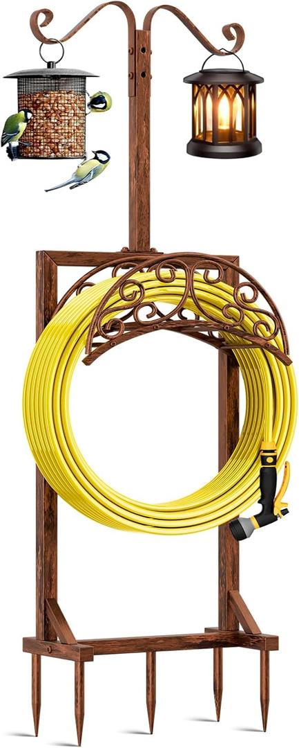 Garden Hose Holder - Upgraded Water Hose Holders for Outside with 5 Spikes & 2 Shepherds Hooks, Freestanding Hose Stand Hose Hanger Hose Storage Hose Reel Rack for Yard Lawn(Antique Bronze)