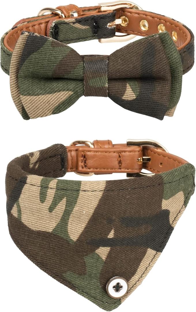 Small Dog Collar Puppy Cat Tiny Pet Bow Tie & Bandana 2pcs Set PU Leather Canvas Scarf Durable camo-Green (S: 9"-11.5")