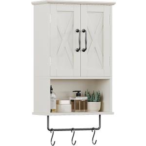 ChooChoo Farmhouse Medicine Cabinet, Bathroom Wall Cabinet with Adjustable Shelf, Towel Bar, 3 Hooks, Over The Toilet Storage Cabinet for Bathroom, Kitchen, White