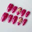 Luxury Magenta Handmade Press on Nails, Medium Almond Glossy Polka Dot Fake Nails with 3D Floral, Salon-Quality Reusable False Nails for Women (M Size, 10Pcs)