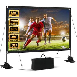120inch Projector Screen with Stand: Portable Projector Screen Outdoor Indoor Front/Rear16:9 4K HD with Carry Bag, Sandbag - Lightweight Movie Screen for Backyard, Camping, Theater