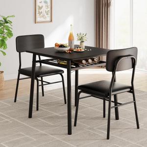GarveeHome Dining Table for 2 with Storage Rack, Small Kitchen Table for 2 with Metal Frame, Square Table with Upholstered Chairs Set of 2, 3-Piece Dining Room Set for Small Space, Apartment, Black
