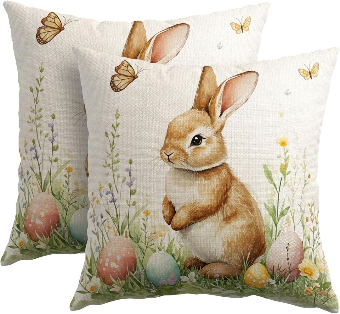 2 x Easter Bunny Eggs Pillow Covers 18X18 Inch Wildflowers Butterfly Rabbit Decorative Pillow Cases Spring Holiday Throw Pillows Set of 2 Farmhouse Decor for Sofa Couch Outdoor