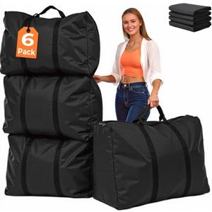 6 Pack Lightweight Extra Large Storage Bags with Full-Loop Handles & Zipper, Clothes/Comforter/Bedding Oversized Storage Moving Bags | Space-Saving Foldable Big Bag for Travel/Apartment/Dorm (Black)