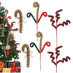 Chiisong 6 Pcs Christmas Tree Decorations Picks 12 Inch Christmas Woolen Bells Candy Curly Pick Xmas Tree Topper Ornaments for Home Office Party Supplies(Red Green)