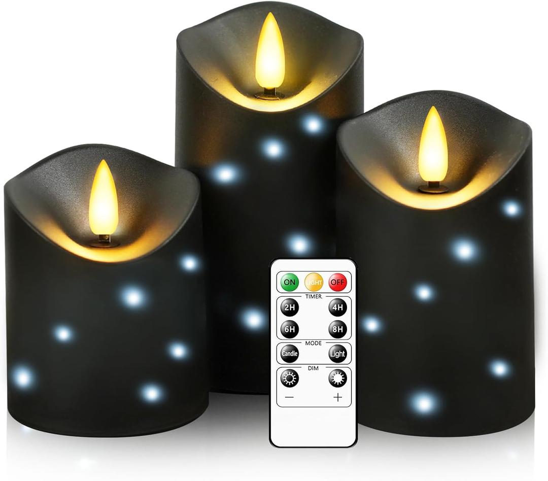 kakoya Outdoor Waterproof Flickering Flameless Candles with Embedded Star String,3Pcs LED Pillar Candles Battery Operated with Remote and Timers for Courtyard,Porch,Camping,Holiday Decoration(Black) (D3.25xH4"5"6")
