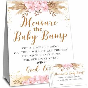 Boho Floral Baby Shower Measure Maternal Bump Game Set - Standalone Sign & 50 Tickets - Gender Reveal, Announcement & Shower Activity & Party Favor