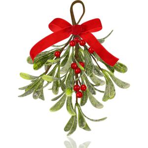 Mistletoe Christmas Decor, Artificial Hanging Mistletoe Picks with Velvet Bow Berries,Like Real Christmas Kissing Ball Ornaments for Kitchen Doorway Decorations