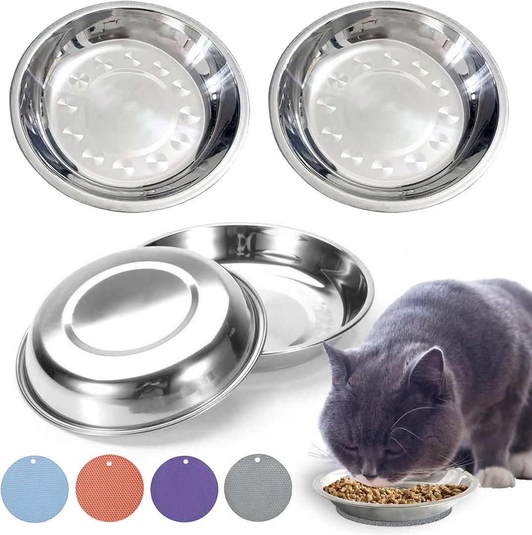 Stainless Steel Cat Bowls for Food and Water - Relief Whisker Fatigue Shallow Wide Bowl With Non-Slip Placemats for Cats and Small Dogs