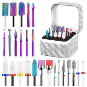 25Pcs Nail Drill Bits Set with Storage Box, 3/32 Inch Tungsten Ceramic Diamond Carbide Nail Drill Bits for Acrylic Gel Polish, Cuticle Efile Remover for Manicure Pedicure (Silver)