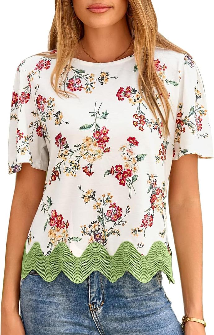 LOLONG Womens Short Sleeve Printed Tops Summer 2026 Crew Neck Color Block Casual Blouses (XL)