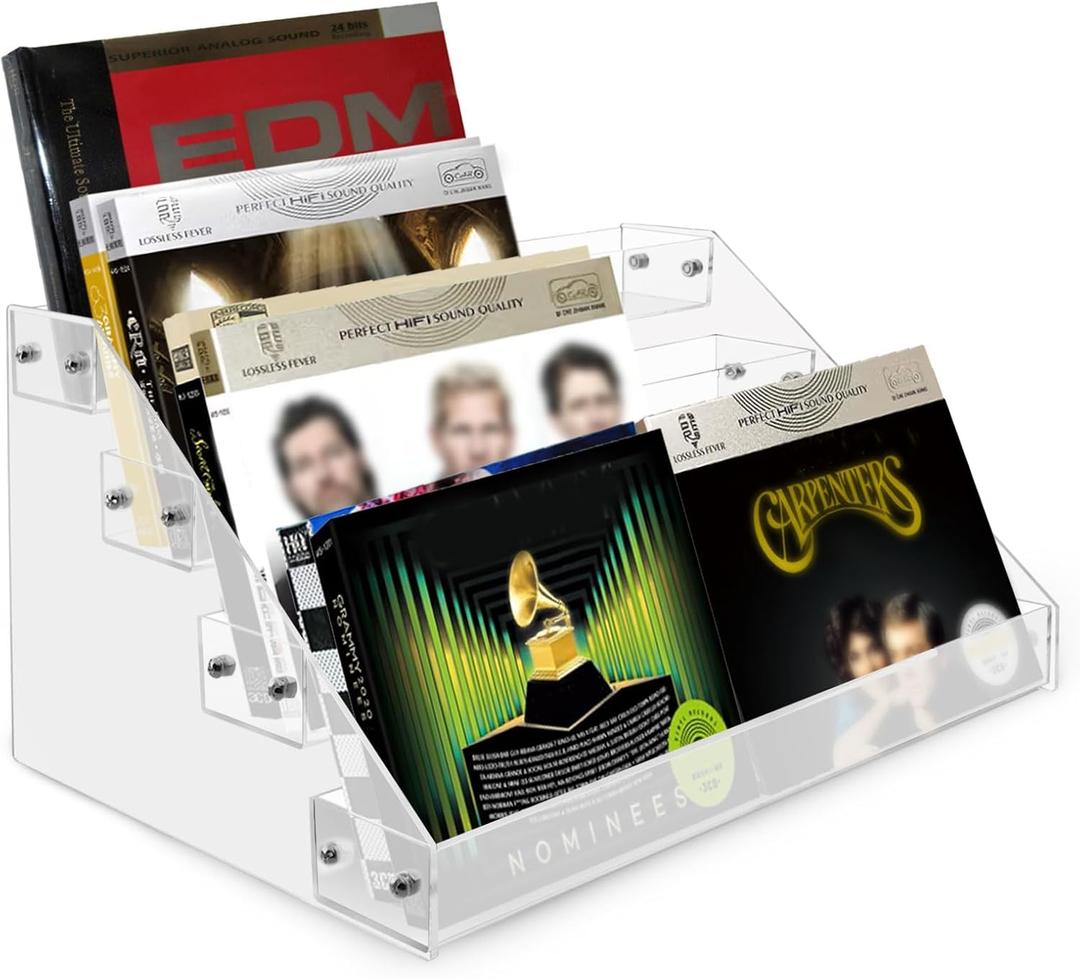 4 Tier Acrylic CD Holder Stand, Tiered CD Storage Rack with Cross Wrench, Clear DVD Rack for Counter Display Supplies, DVD Storage Shelves for Media Shelf Organization