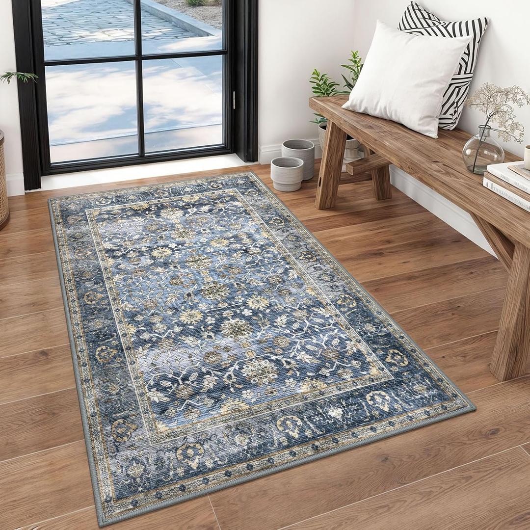 KUTA Vintage Floral 3x5 Entryway Rug, Area Rugs for Living Room Blue Grey Beige Washable Kitchen Carpet Non-Slip, Ultra Thin Soft Printed Distressed Oriental Entry Low-Pile Throw for Dining Room Dorm