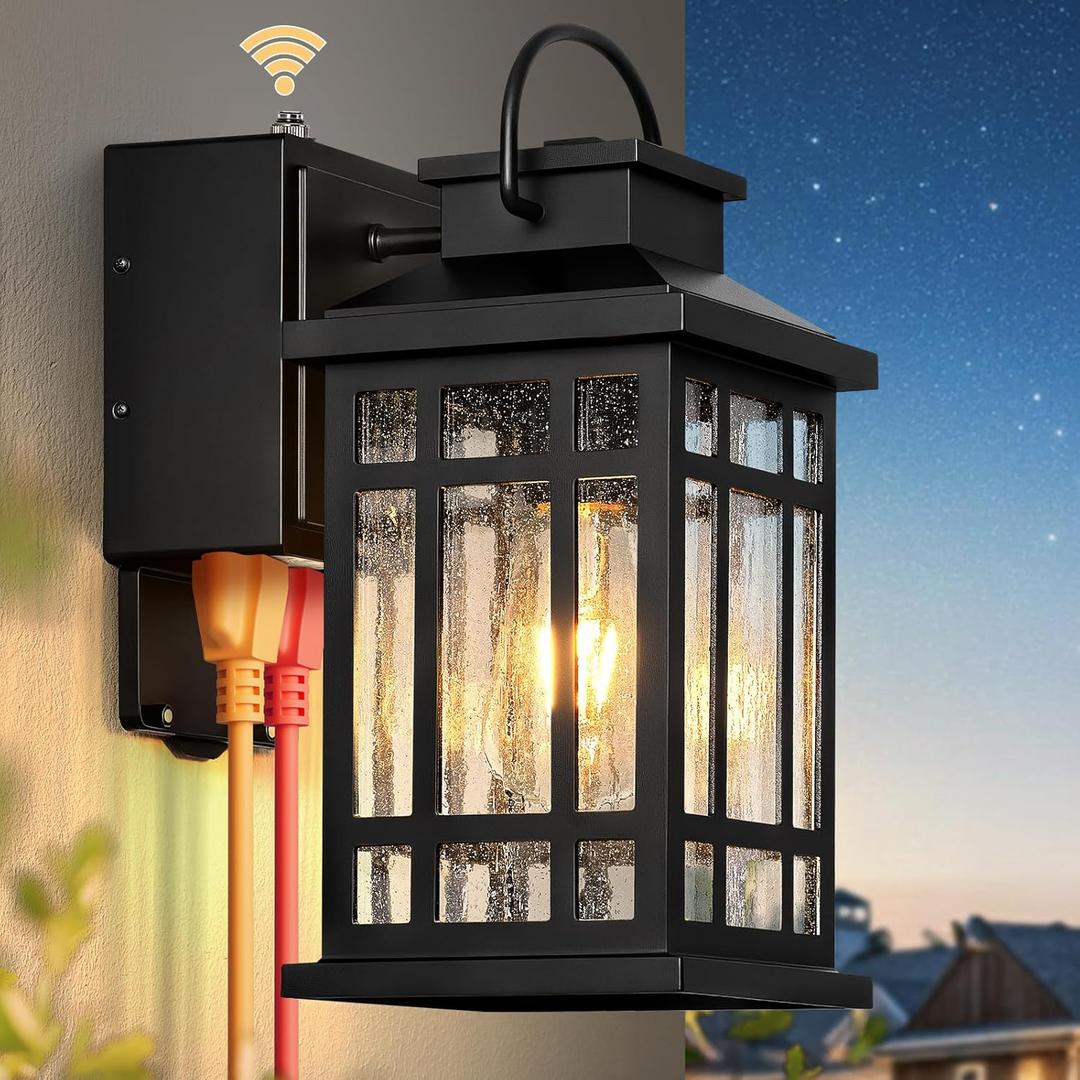 Exterior Lighting Fixtures with GFCI Outlet, Black Dusk to Dawn Outdoor Lights with Bubble Glass, Anti-Rust Outside Wall Sconce Lantern for Garage Coach, Patio Wall Light Fixture with Outlet