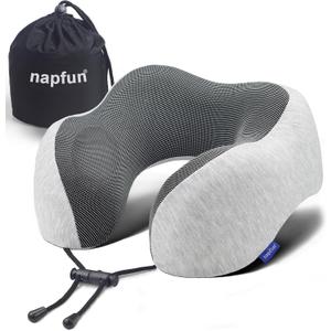 Napfun Neck Pillow for Traveling, Upgraded Travel Neck Pillow for Airplane 100% Pure Memory Foam Travel Pillow for Flight Headrest Sleep, Portable Plane Accessories, Light Grey