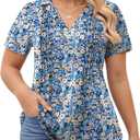 ROSRISS Plus-Size-Womens-Summer-Tops Casual Polo V Neck Work T Shirts Cute Flowy Pleated Blouses Trendy Short Sleeve Tunics (XXL)