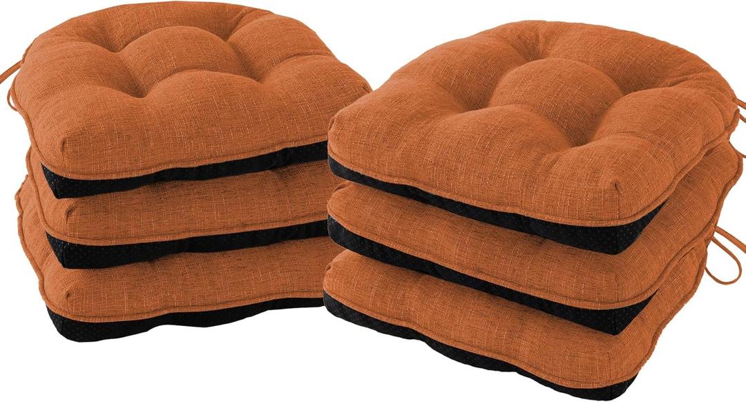 Chair Cushions for Dining Chairs Set of 6, Kitchen Chair Cushions, Chair Pads with Ties and Non Slip Backing, Tufted Memory Foam Seat Cushion 6 Pack, 15.5" x 15.5" x 4", Orange