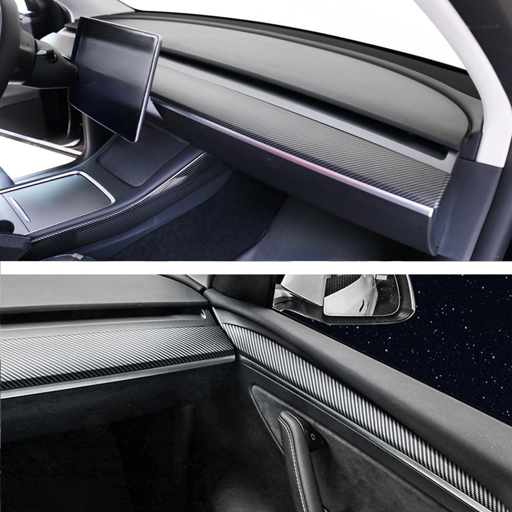 Dashboard Cover Wrap and Front Door Trim Kit -Compatible with Tesla Model Y 2019-2024 & Model 3 2021-2023, Interior Decoration Accessories,Not for Performance (Matte Carbon Fiber Pattern, 4PCS)