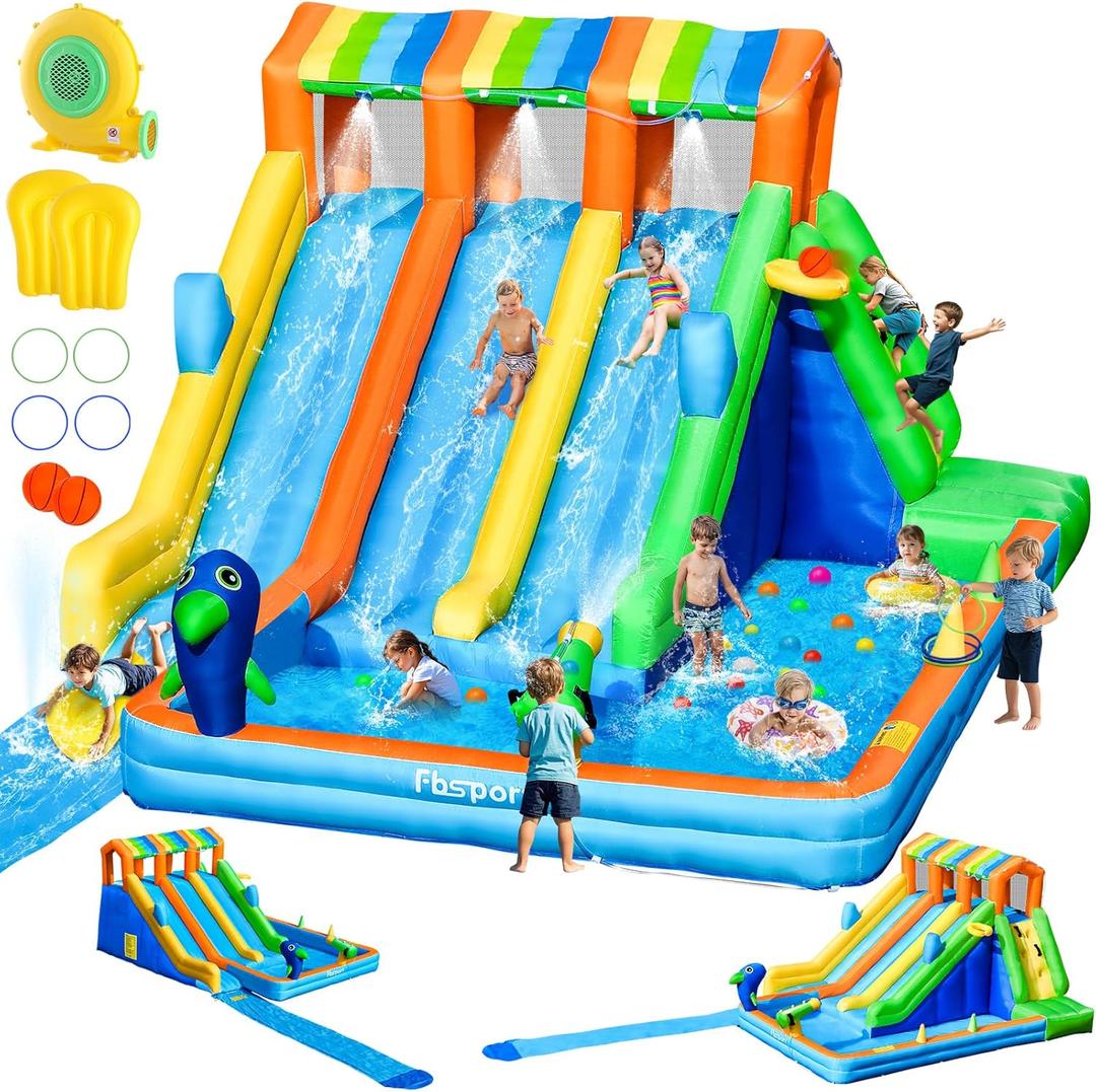 FBSPORT Inflatable Water Bounce House, Large Bounce Castle with 3 Slide, Inflatable Water Slide with Splash Pool, Climbing, Water Slide Bounce House for Outdoor Indoor (with 550W Air Blower)