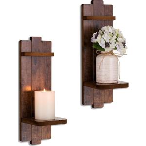 Rustic Candle Holder Farmhouse Wall Decor - Brown Sconce Set of Two Wooden Vintage Hanging Wall Decoration for Fireplace Mantel Living Room Bedroom Dining Room