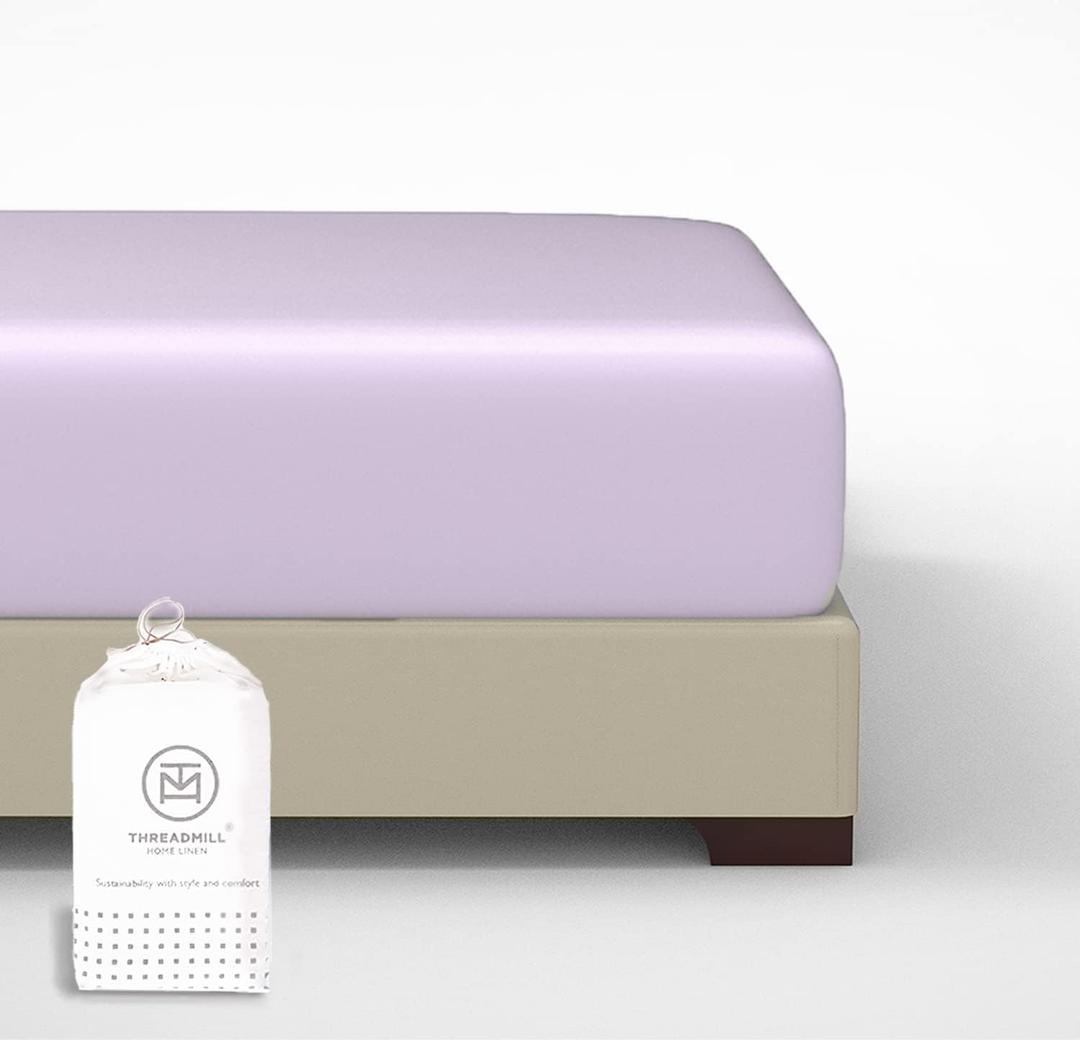 Threadmill Cotton Fitted Sheet Twin XL Size - 300 Thread Count 1 Piece Lilac 15 Inch Elasticized Deep Pocket Sateen Sheets for Twin XL Size Bed - Snug Fit Soft Hotel Quality Bottom Sheet