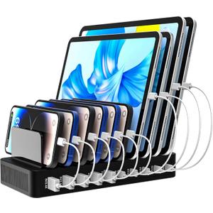 Charging Station for Multiple Devices, 100W 10-Port Multi USB Charger with Power Switch, Adjustable Dividers and Type-C 3A for iPhone Galaxy iPad Tablet (Short Cables Not Included)