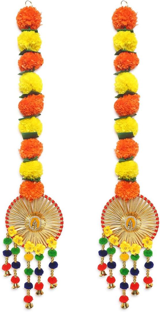 Set of 2 Floral Marigold Hangings Latkan for Home Diwali Decoration Wall Hangings for Temple Pooja Room Decoration | Lotus Back Dropper showpiece for Decor Ganpati, Navratri, Wedding, Ganesh Pooja