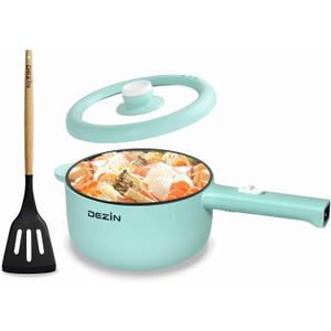 Dezin Hot Pot Electric, 2L Non-Stick Saut Pan, Rapid Noodles Cooker, Mini Portable Pot for Steak, Egg, Fried Rice, Ramen, Oatmeal, Soup with Power Adjustment & Spatula, College Dorm Room Essential (Sage Green)