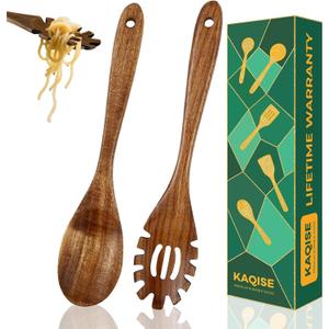 2-Piece Wooden Spoons for Cooking, Natural Teak Wood Utensil Set, Wooden Kitchen Utensils for Noodle, Non-Stick Kitchen Utensils for Servering, Stiring and Mixing (Pasta Fork & Flat Spoon)