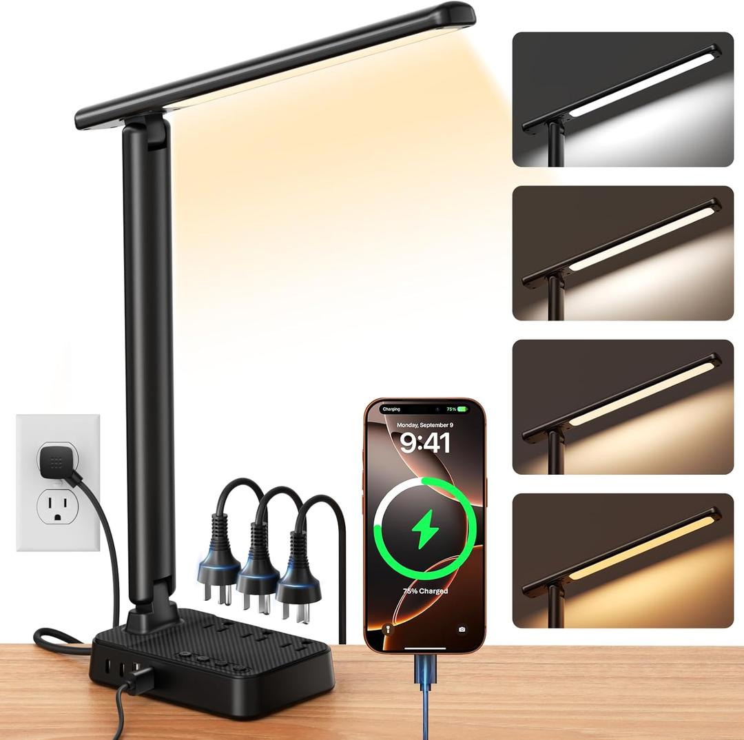 LED Desk Lamp with Power Strip, 3 AC Outlets & 4 USB Ports (2 USB-C), Step less Dimming & 2800K-6500K Eye-Caring Desk Light, Foldable Table Lamp with 5FT Cord for Home Office, Dorm Room Essentials