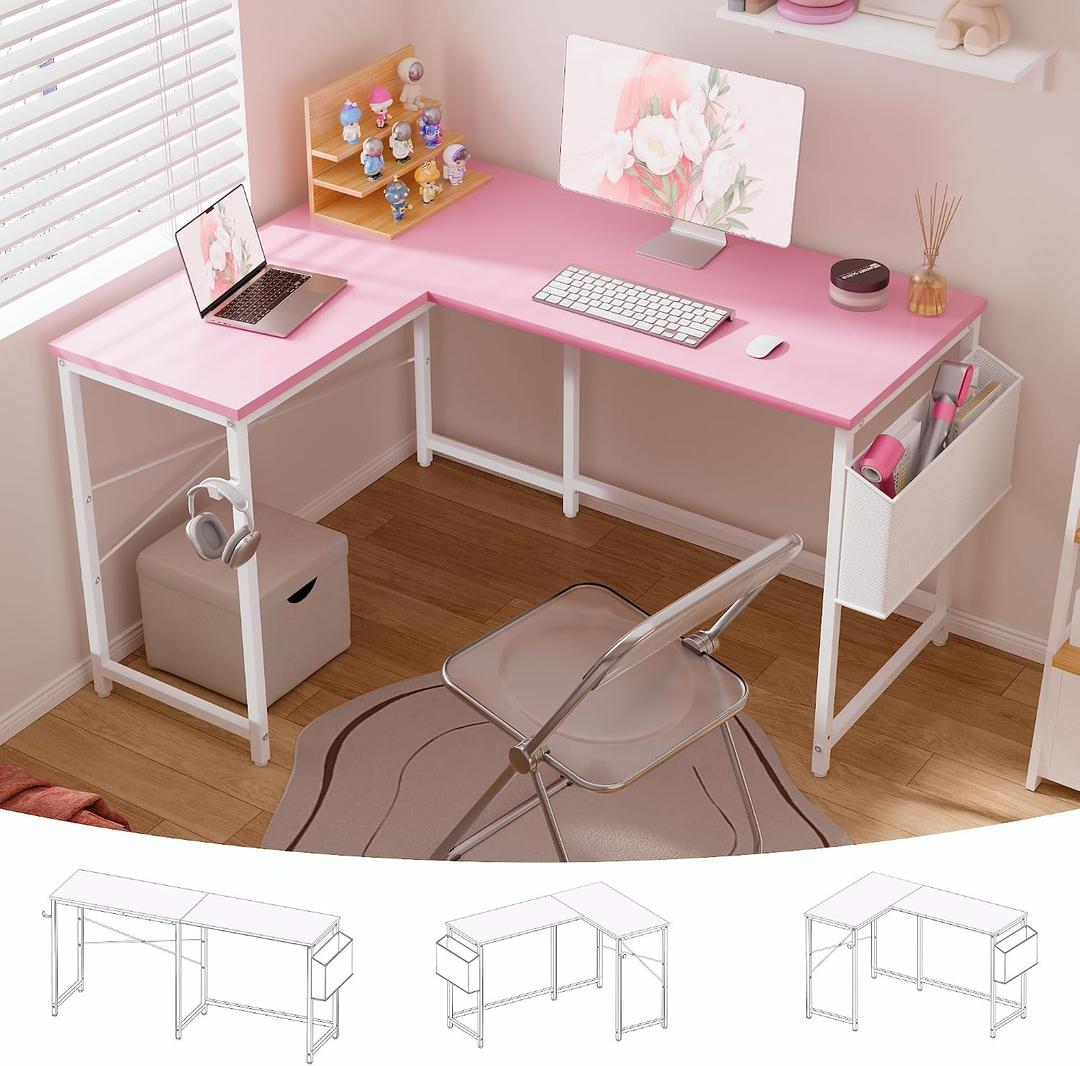 Pamray 47 Inch Reversible L Shaped Gaming Desk Corner Computer Desk with Storage Bag Home Office Table for Writing Study Pink