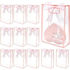 12 Pcs Clear Gift Bags with Handles 7.1"x10.2"x3.2" Plastic Party Favor Bag with Ribbon Reusable Goodie Bags Transparent Gift Wrap Bag Bulks for Valentine's Day Bridal Wedding Birthday (Pink)