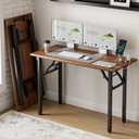 Frylr Small Folding Computer Desk 43.3 Inch Portable Table for Craft and Study, Lightweight Desk for Small Spaces, Foldable Laptop Table Built-in AC/USB Outlets for Convenience, Dark Walnut