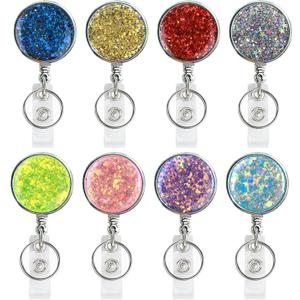 Boutilon Retractable Badge Holder, Retractable Badge Reels,Lightweight Plastic Badge Reel Card Holder with Key Ring Backing Belt Clip for Nurse,Volunteer,Teacher,Student(8 Pack Bling Bling)