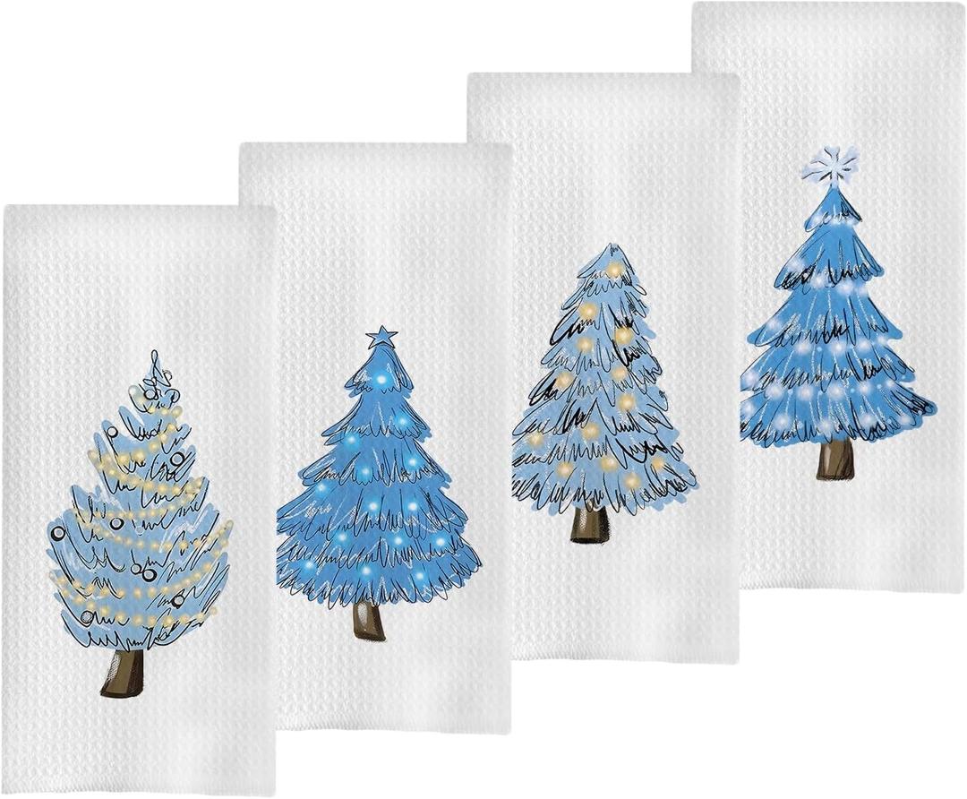 Christmas Tree Kitchen Towels Set - Blue Christmas Tree Hand Towels for Bathroom, Blue Kitchen Bathroom Decor, 16x24 Inches Set of 4