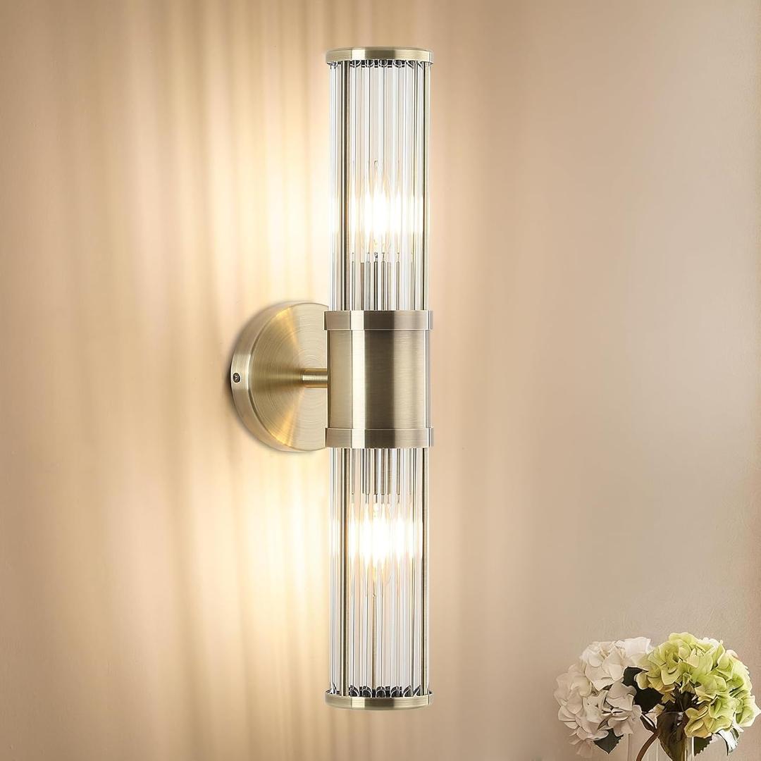 Modern Vanity Light Fixture, Brushed Bronze Wall Sconce with Glass Rod Shades, 2-Light Bathroom Mirror Lighting for Bronze Bathroom Light Fixture & Makeup Application (Bulbs Not Included)